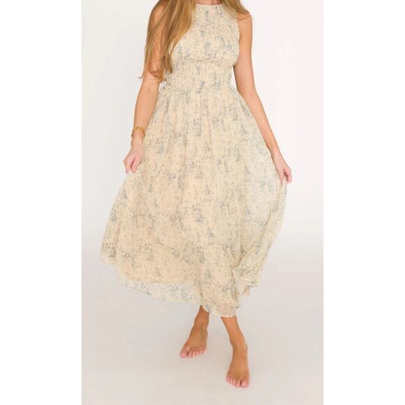 Worth Collective Alaina Floral Print Smocked Midi Dress in Blue Multi Size S - Picture 1 of 7